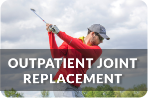 A young man is in the middle of his golf backswing. Title reads: Outpatient Joint Replacement